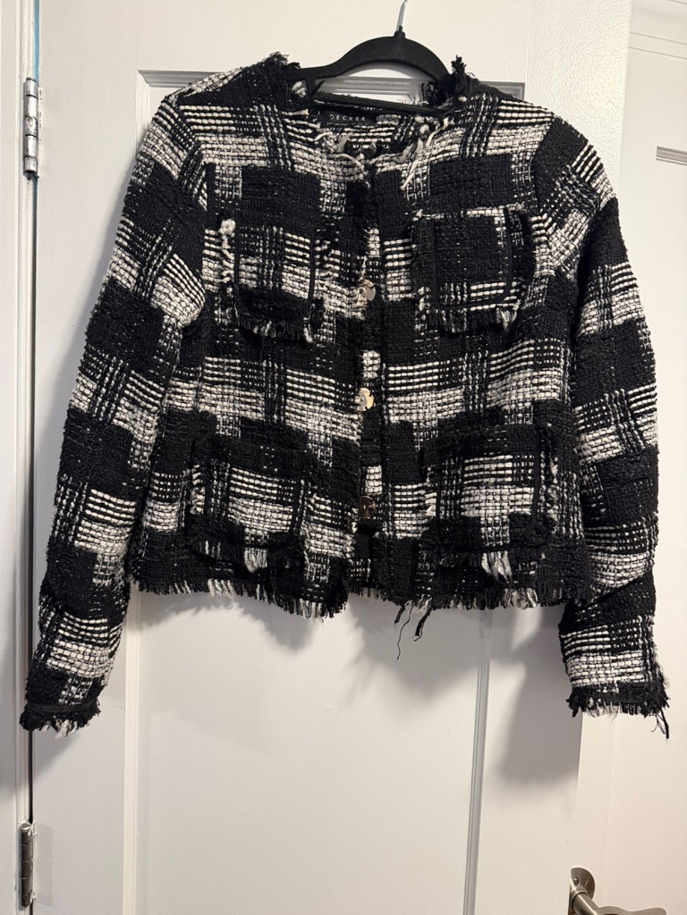 Black & White Bouclé Plaid Tweed Jacket - Women's